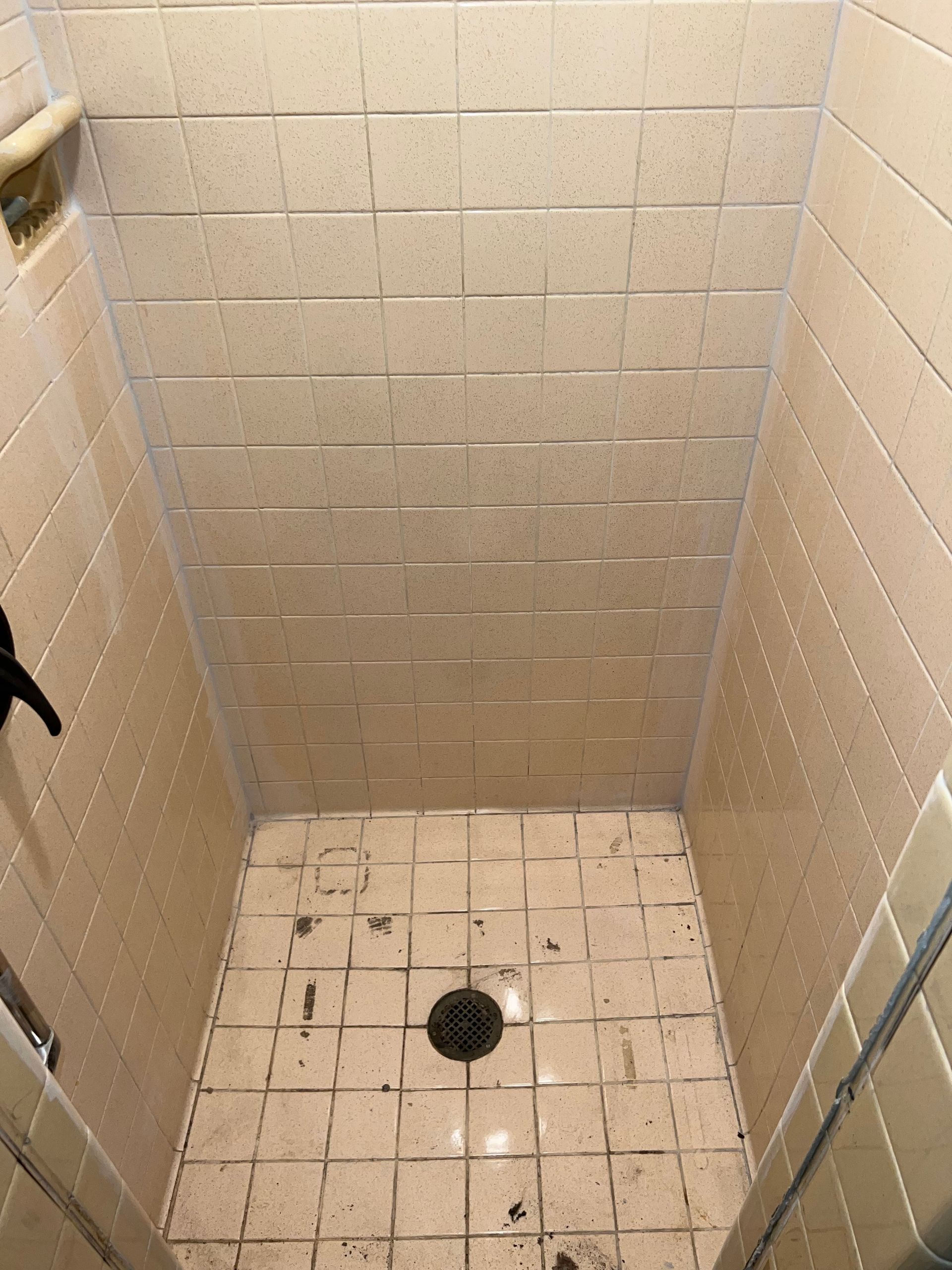Tan tiled shower with dark grout, a drain in the center, and a black shower head on the left.