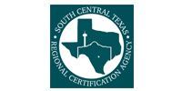 Logo for the South Central Texas Regional Certification Agency featuring a teal map of Texas with a landmark icon.