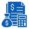 A blue icon featuring a money bag, a document with a dollar sign, and a calculator, representing finance or accounting.