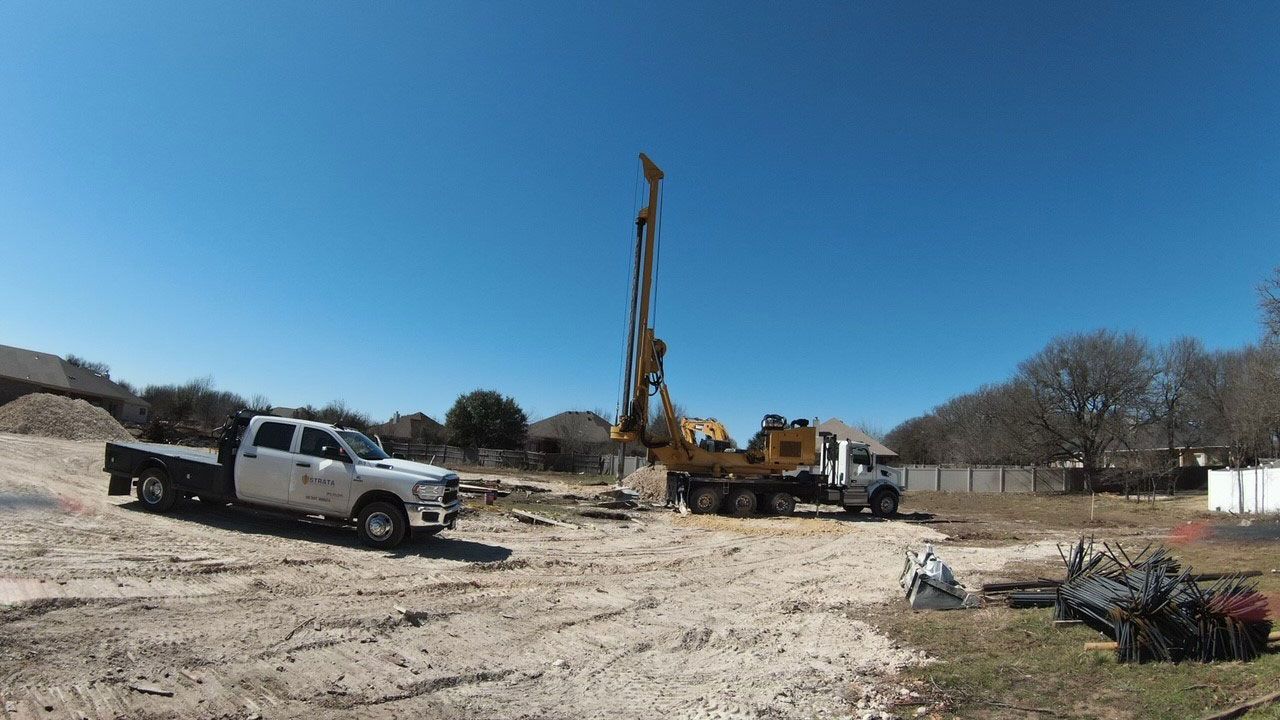 A drilling rig and a flatbed truck parked on a sandy construction site under a clear blue sky.