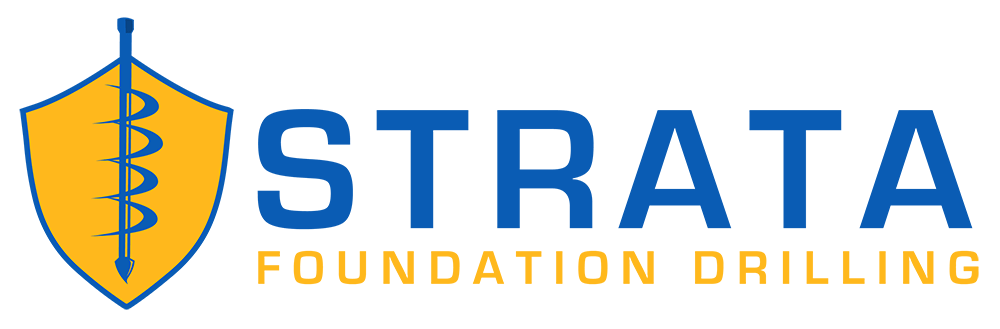 Logo for Strata Foundation Drilling: a yellow shield containing a blue drill, with the brand name in blue and yellow.