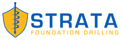 Logo for Strata Foundation Drilling: a yellow shield containing a blue drill, with the brand name in blue and yellow.