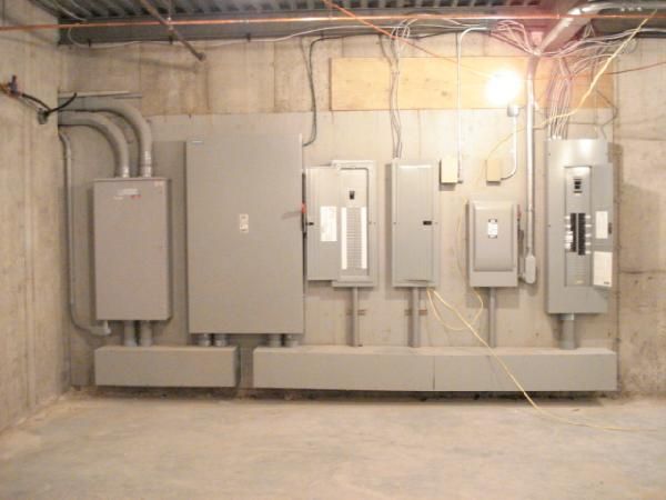 a room with a lot of electrical boxes on the wall