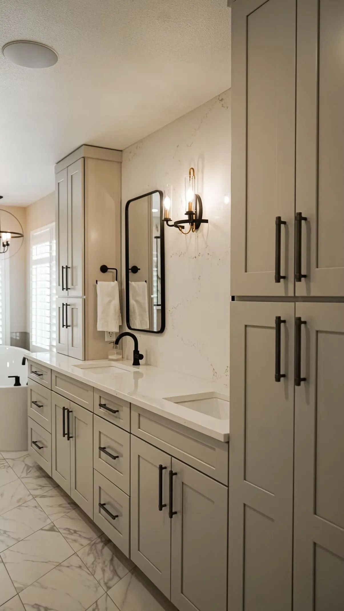 A modern bathroom with a long vanity, large cabinet, and decorative mirror. The walls and cabinets are light-colored with dark hardware.