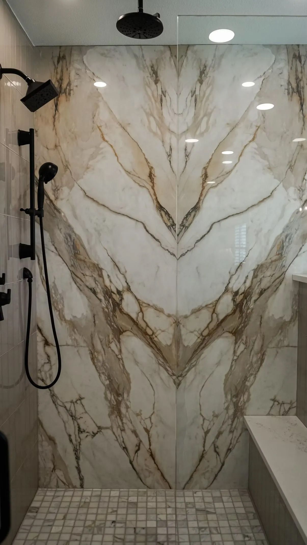Shower with marble-like patterned wall. A black shower head and fixtures contrast with the light-colored walls and floor.