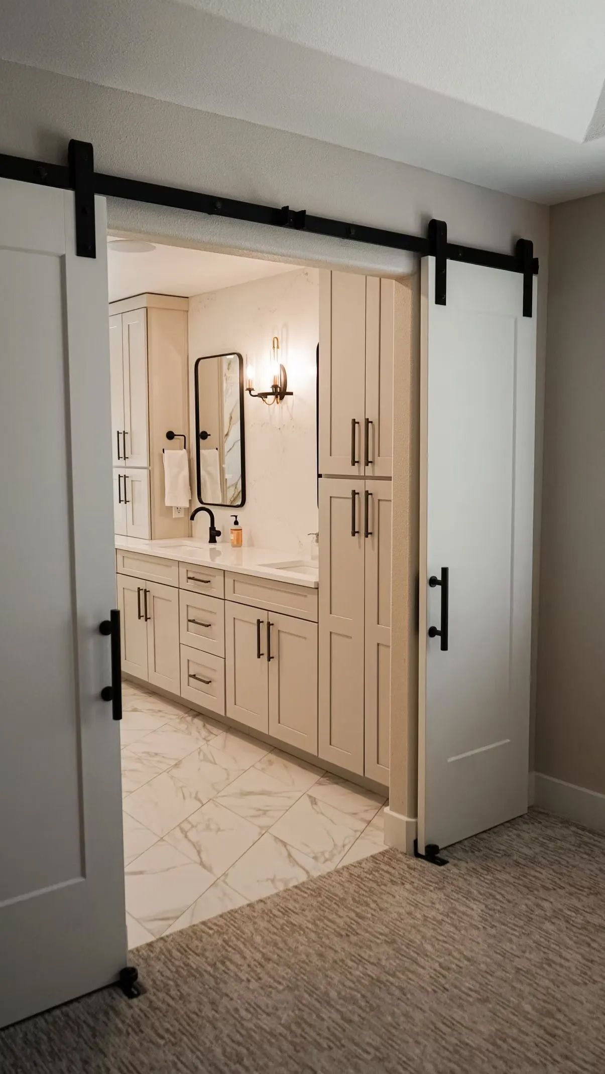 White sliding barn doors leading into a bathroom with white cabinetry, marble floors, and black hardware.