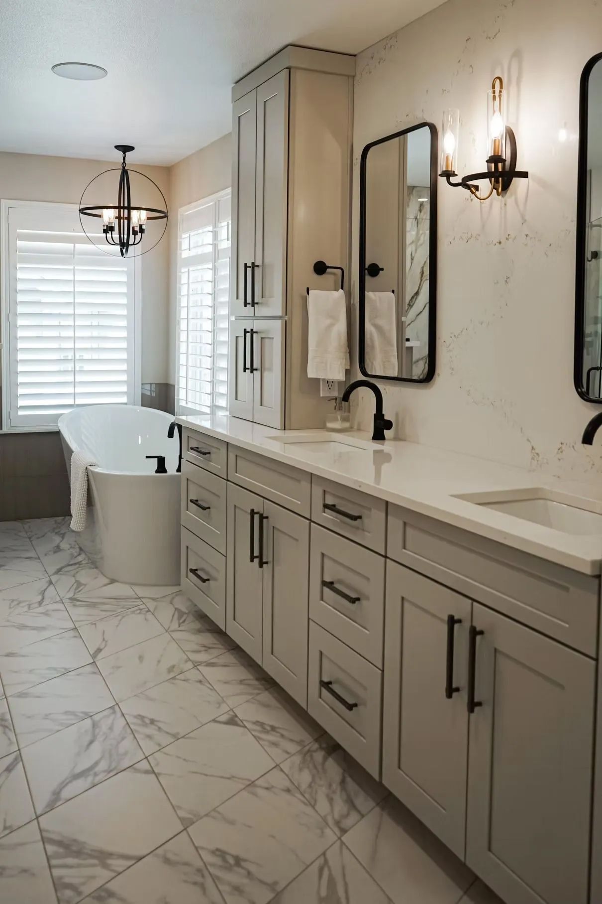 Modern bathroom with marble floors and light gray cabinets. Features a standalone tub, double vanity, and black accents.