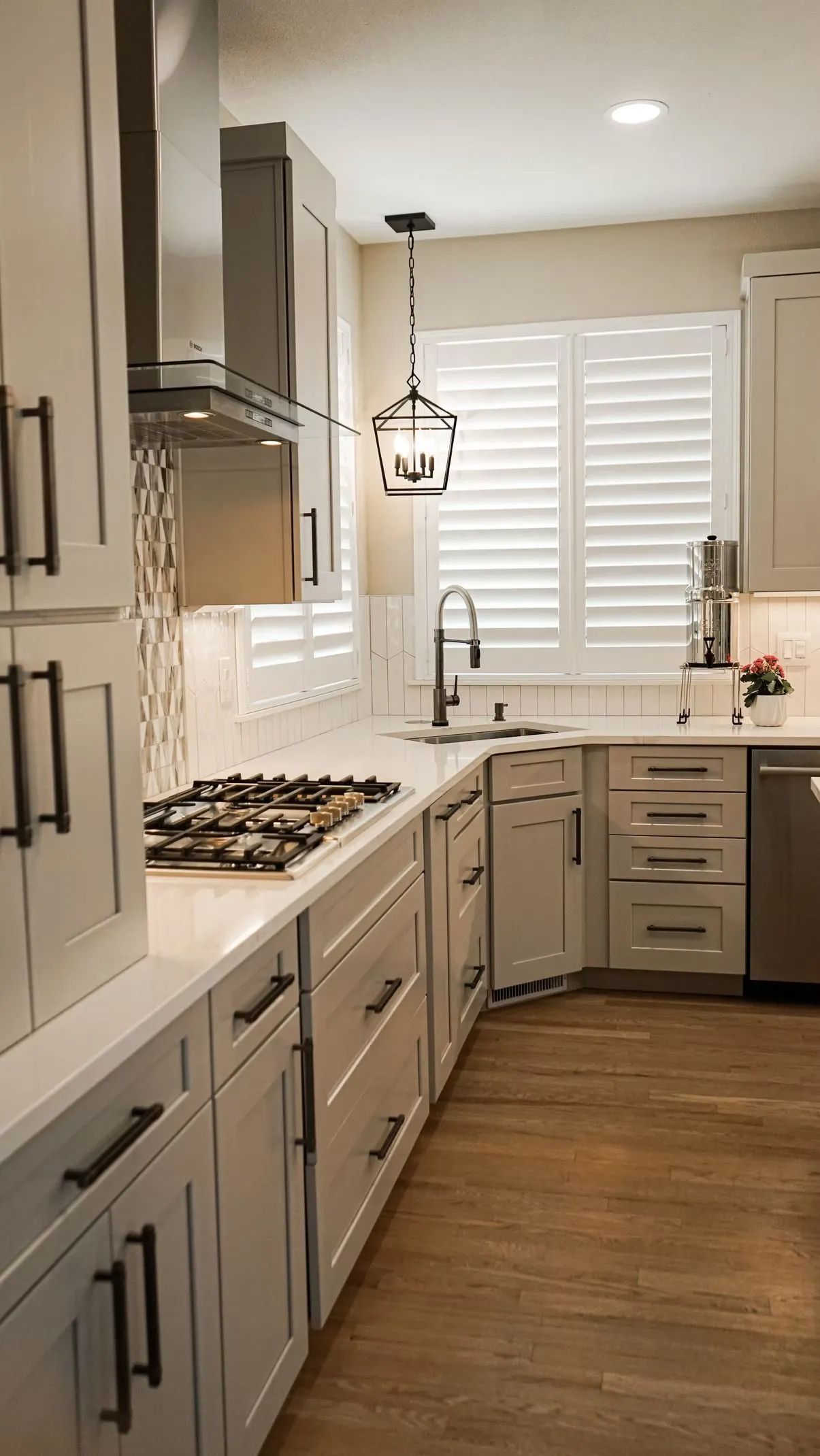 A bright kitchen with white cabinets, stainless steel appliances, and a gas stovetop. Wooden floors and shuttered windows add warmth.