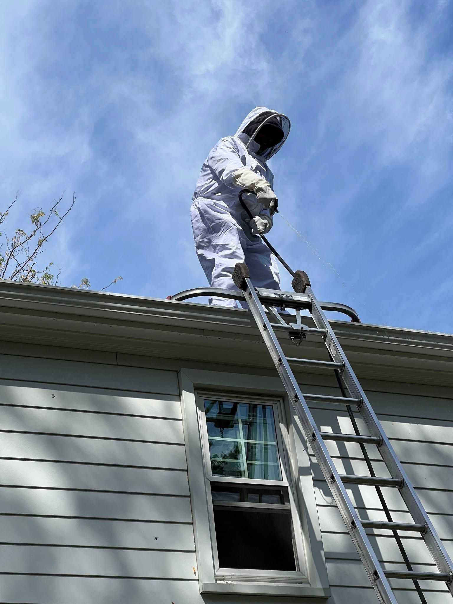 Person in protective suit spraying a roof, standing on a ladder. Blue sky with clouds.