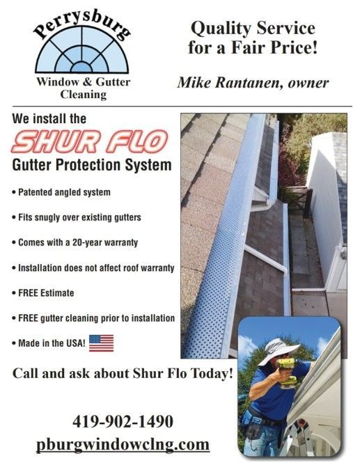 Advertisement for Perrysburg Window & Gutter Cleaning. Shows gutter protection installation. Includes phone number and website.