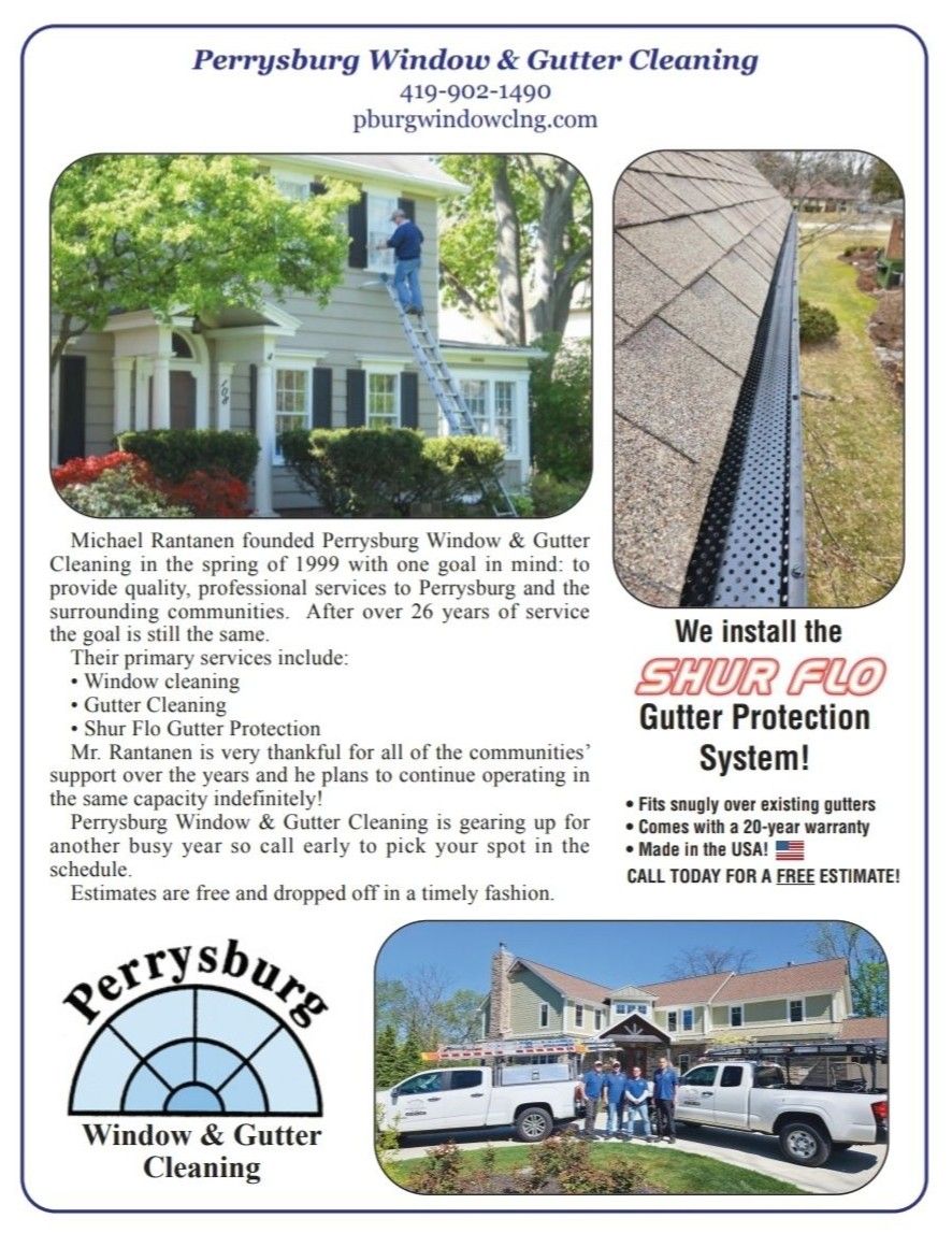 Ad for Perrysburg Window & Gutter Cleaning. Includes text, photos of home & gutters, and logo.