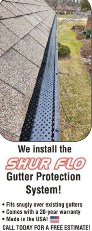 Gutter system advertisement: a photo of a gutter with a protective screen, with text about installation, warranty, and being made in the USA.