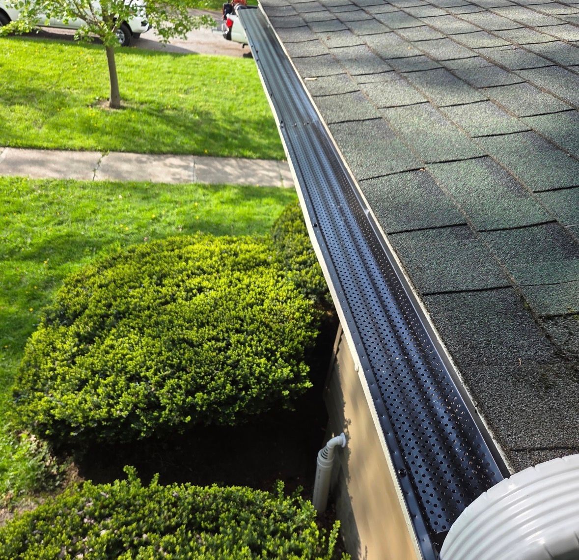 Gutter with leaf guard along shingled roof beside a green lawn and shrubs