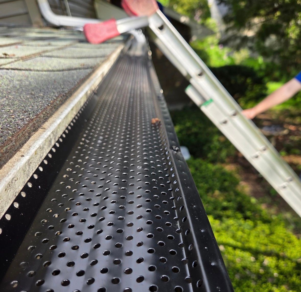 Cleaning a roof gutter with a ladder, black gutter guard visible in the foreground