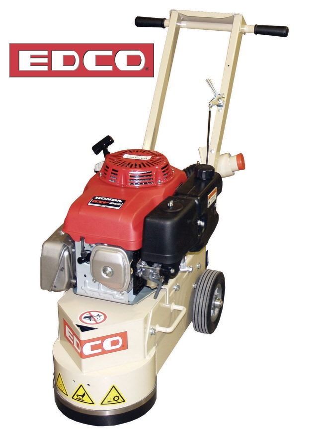 Red EDCO floor grinder with black handles and beige base on a white background