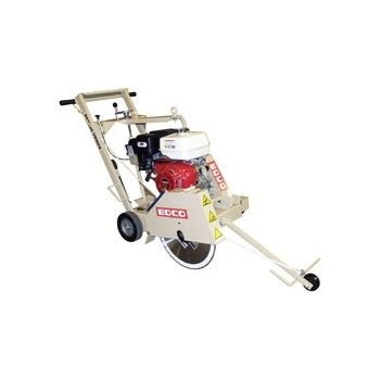 Portable walk-behind concrete saw with red engine and large circular blade on a white background