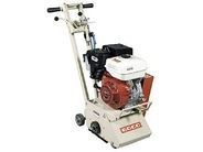 Walk-behind concrete floor grinder with red engine and white frame on a plain background