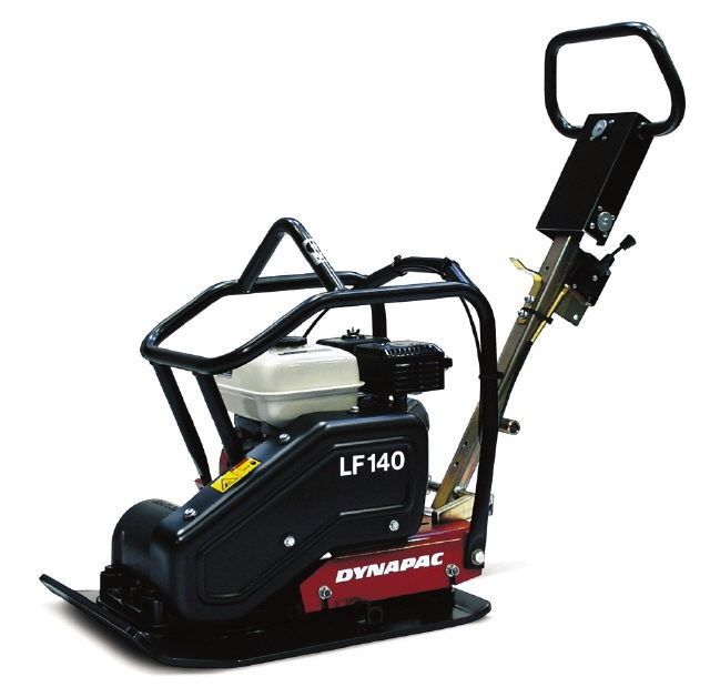 Black Dynapac LF140 plate compactor with handle on a white background