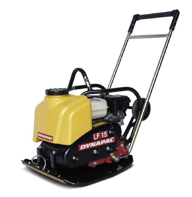 Yellow and black Dynapac LF 15 plate compactor with handle, shown on white background