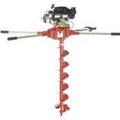 Red post hole digger with black handles and a long auger drill bit on a white background