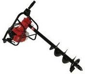 Red handheld earth auger with black spiral drill bit on a white background