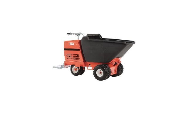 Orange and black concrete mixer dump truck on a white background