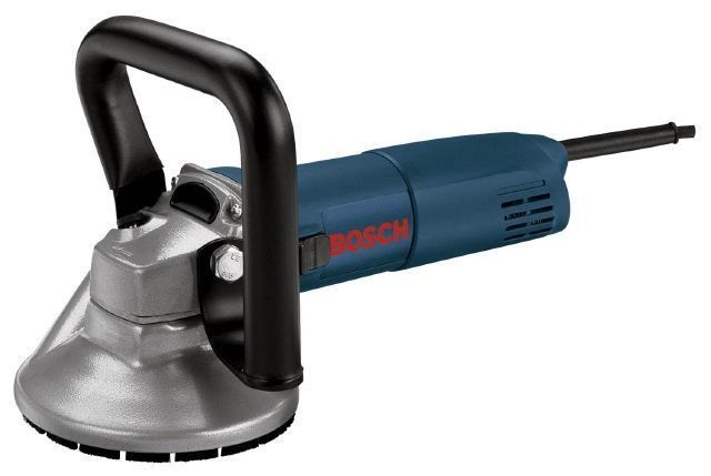 Blue Bosch angle grinder with black handle and metal guard on a white background