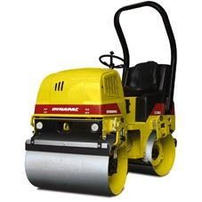Yellow walk-behind road roller with black roll bar and silver drum.