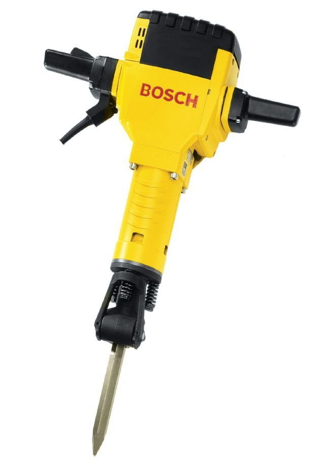 Yellow Bosch jackhammer with black handles and chisel bit on a white background