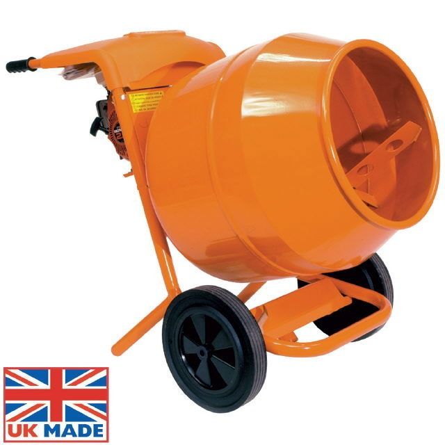 Orange cement mixer with UK Made logo, shown on white background.