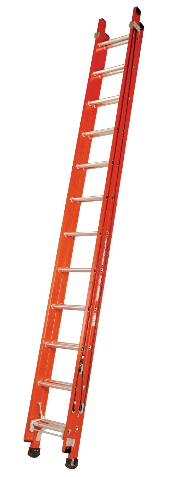 Orange extension ladder with wheels, leaning upright on a white background