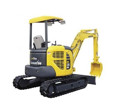 Yellow Komatsu mini excavator with black tracks and bucket on a white background