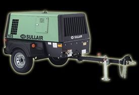 Green Sullair towable air compressor with black trim and trailer hitch on a black background