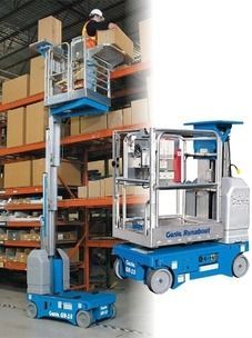 Two warehouse lift trucks raising workers to shelves in a storage aisle