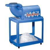 Blue Sno-Kone shaved ice machine on a blue cart with ice piled on the lower shelf
