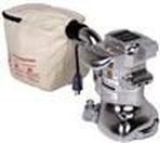 Small silver espresso machine with a beige coffee bean bag attached on a white background