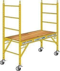 Yellow rolling scaffold platform with wooden deck and four caster wheels