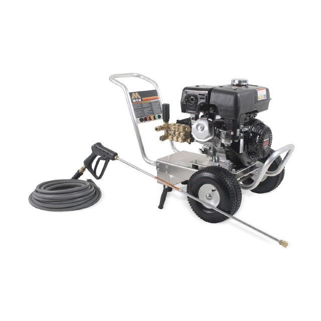 Gas-powered pressure washer with hose, spray wand, and wheeled cart on white background