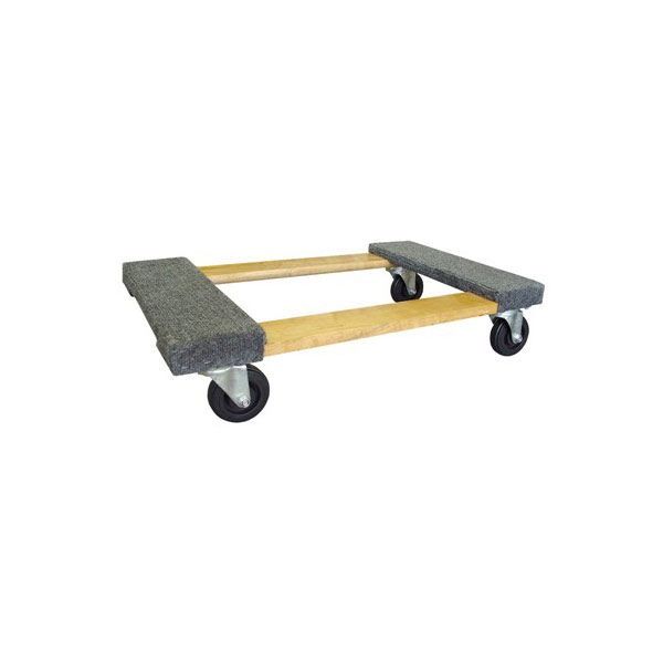 Low wooden dolly cart with padded gray ends and four black wheels