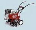 Red walk-behind tiller with black handles and wheels, shown on a white background
