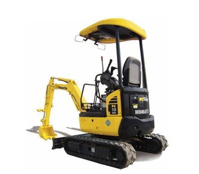 Yellow mini excavator with black tracks and canopy, shown in side view on a white background