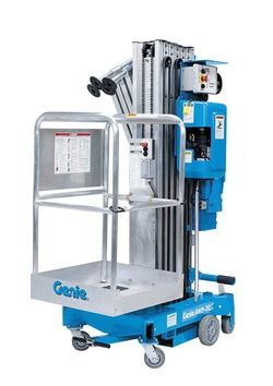 Blue Genie man lift with raised platform and control panel, shown on a white background