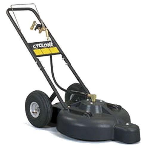 Black Cyclone push mower with large rear wheels and handle on a white background