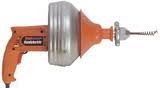 Orange and silver drain snake tool with an auger cable and hand crank handle