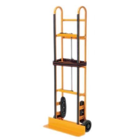 Orange and black hand truck with a folding platform and two wheels