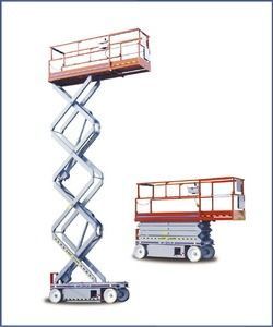Two mobile scissor lifts, one extended with a work platform and one lowered, in a white studio setting
