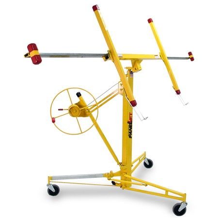 Yellow and red manual drywall lift on wheels with a crank wheel and adjustable support arms