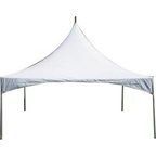White outdoor canopy tent with four legs on a plain background