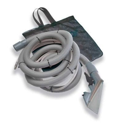 Coiled gray vacuum hose with floor-cleaning attachment and black carrying bag