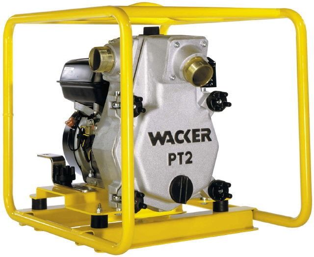 Yellow-framed Wacker PT2 trash pump on a white background